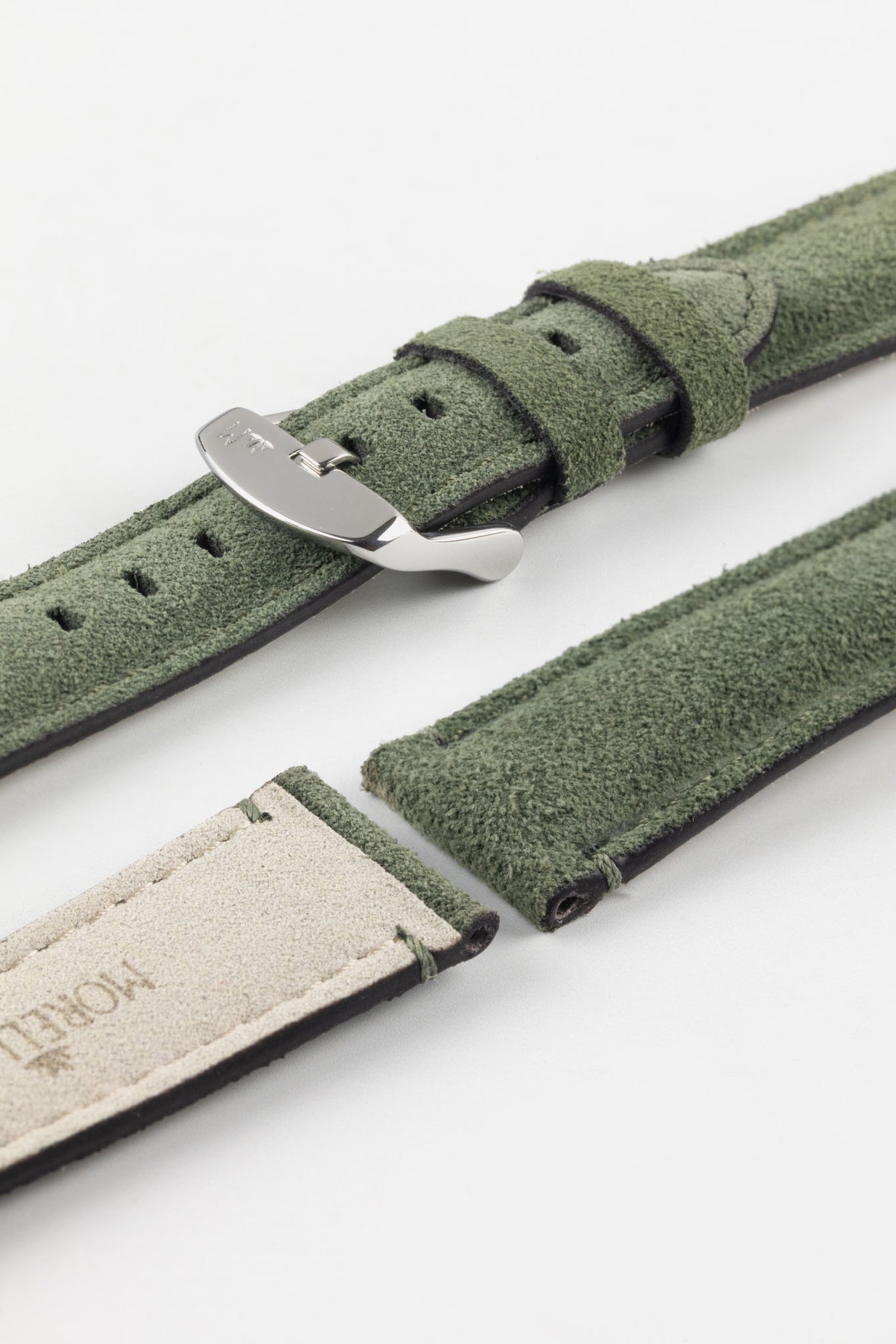 Morellato SCHUMANN green suede watch strap, showing internal branding. High-quality watch straps crafted for lasting style.