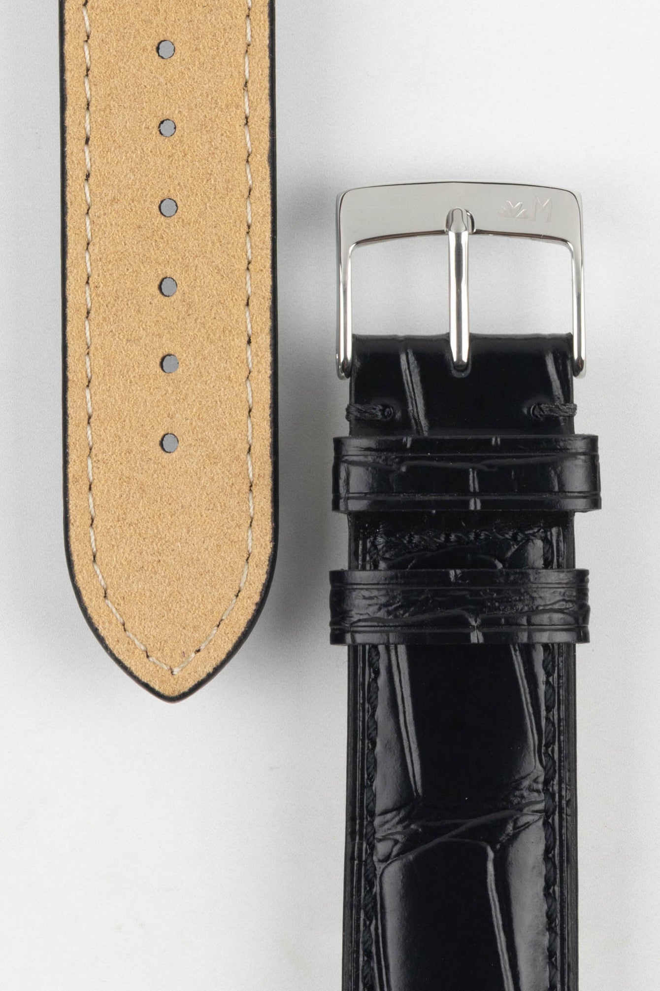 The black Morellato Tiepolo watch strap. A detailed view of the front and back of the strap. Quality watch accessories online.