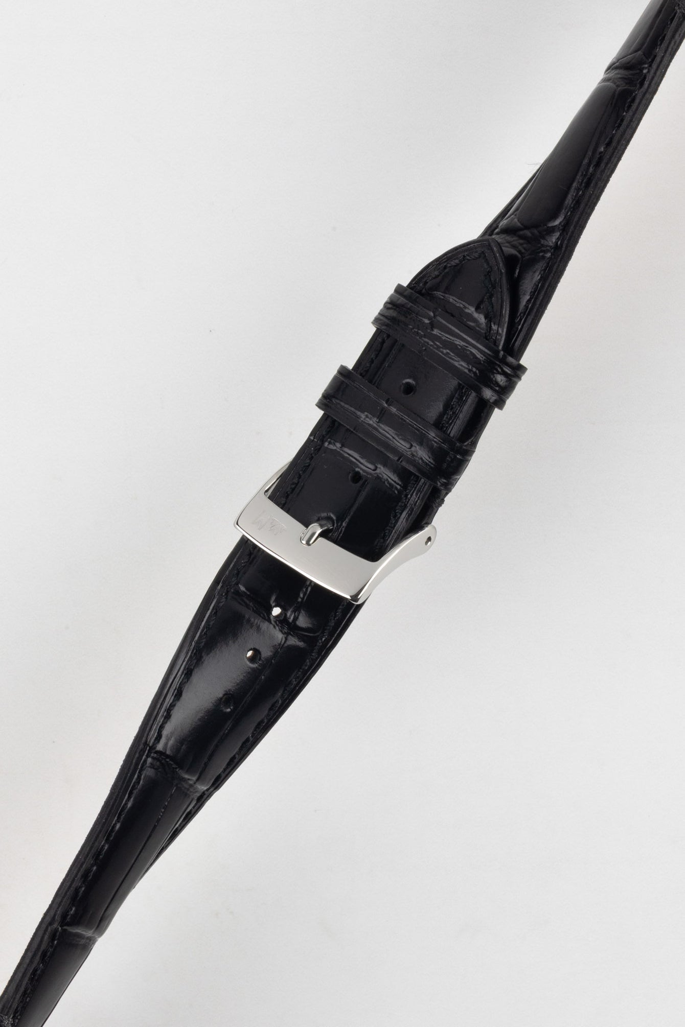 Morellato Tiepolo black watch strap. This image shows the quality of the crocodile-embossed leather and the silver polished buckle.