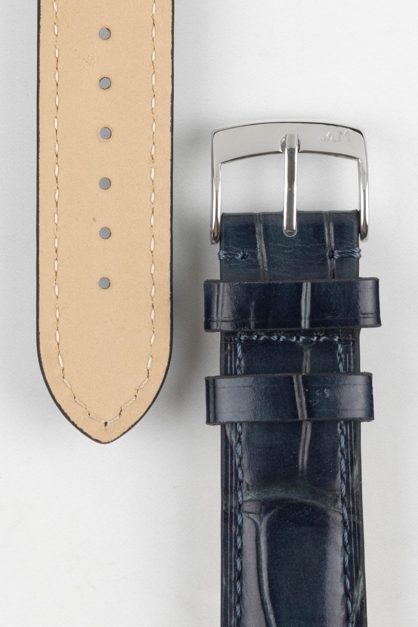 Detailed shot of the blue Morellato Tiepolo watch strap, showcasing its texture, stitching, and metal buckle.