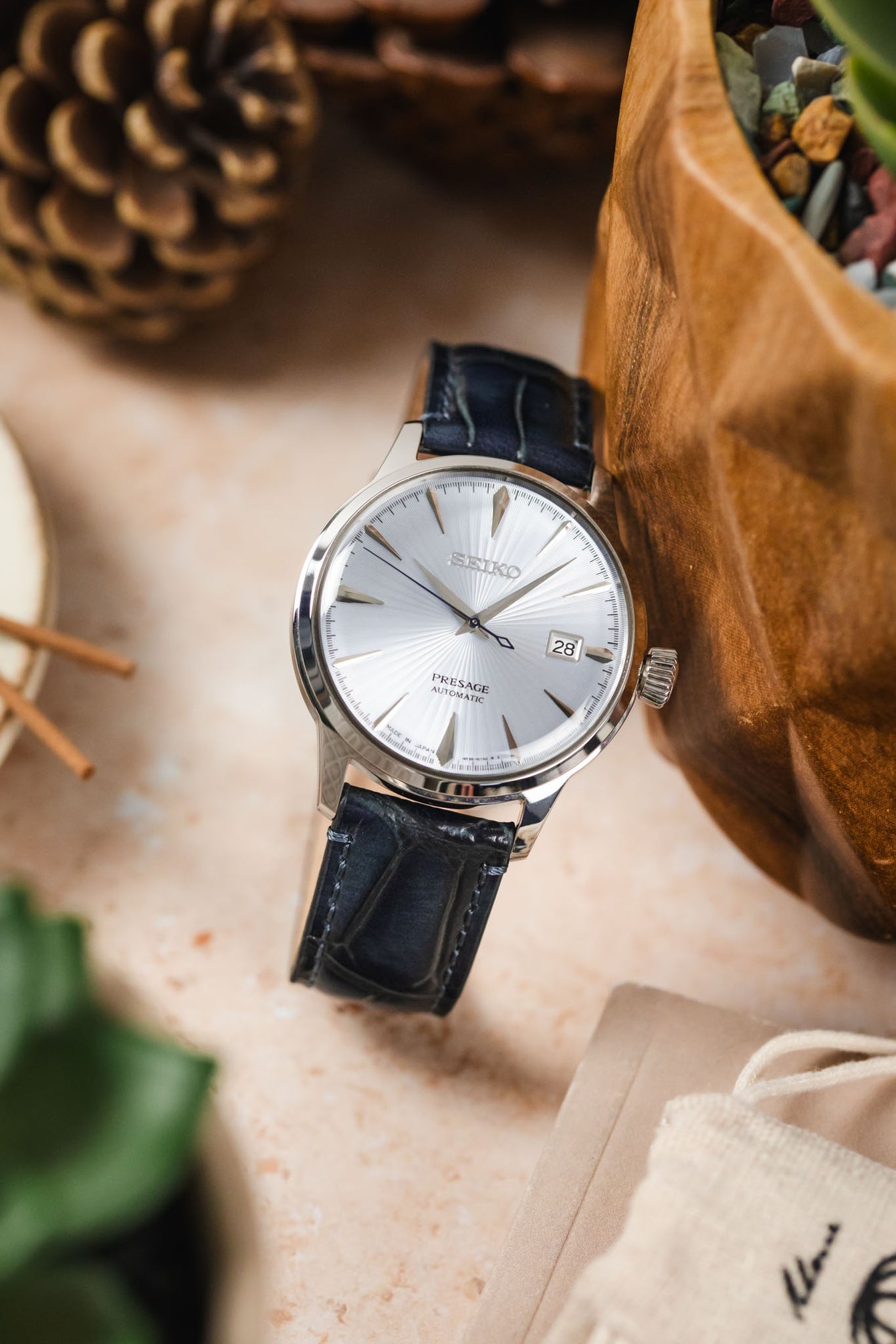 Seiko Presage watch paired with a high-quality blue Morellato Tiepolo watch strap, an elegant combination.
