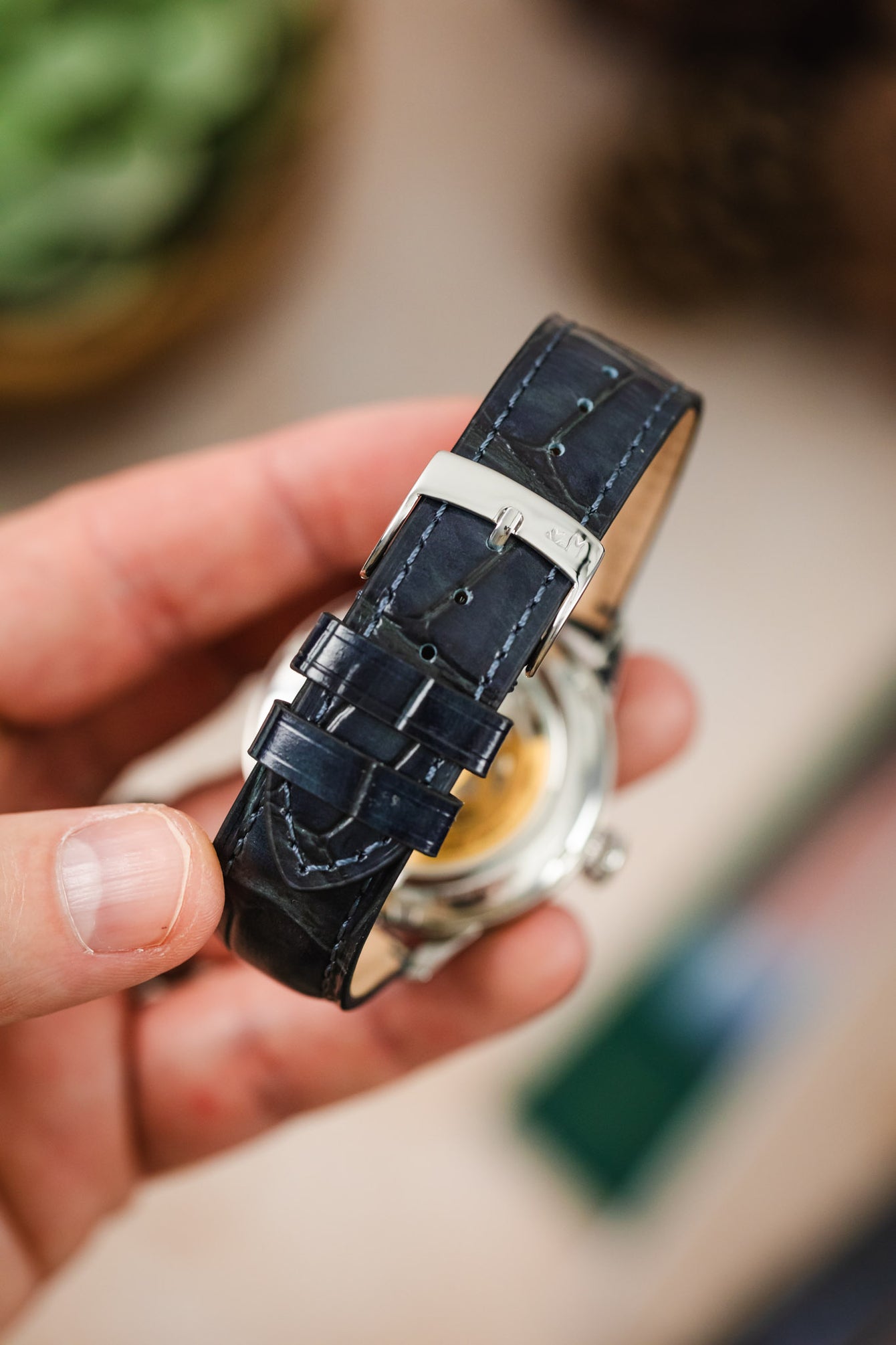 The blue Morellato Tiepolo watch strap on a Seiko watch, focusing on the strap and its polished buckle.
