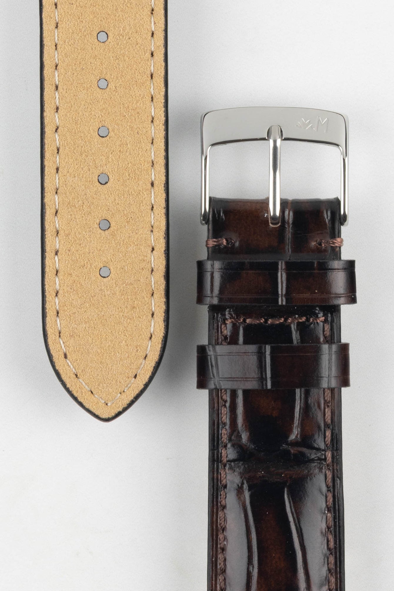 Detailed shot of the brown Morellato Tiepolo watch strap showing the texture and the quality of the buckle.