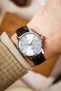 A man's wrist wearing a Seiko watch with the rich brown Morellato Tiepolo watch strap.