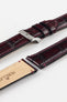 Detailed view of the burgundy Morellato Tiepolo watch strap, showing the crocodile-embossed pattern. A great watch strap choice.