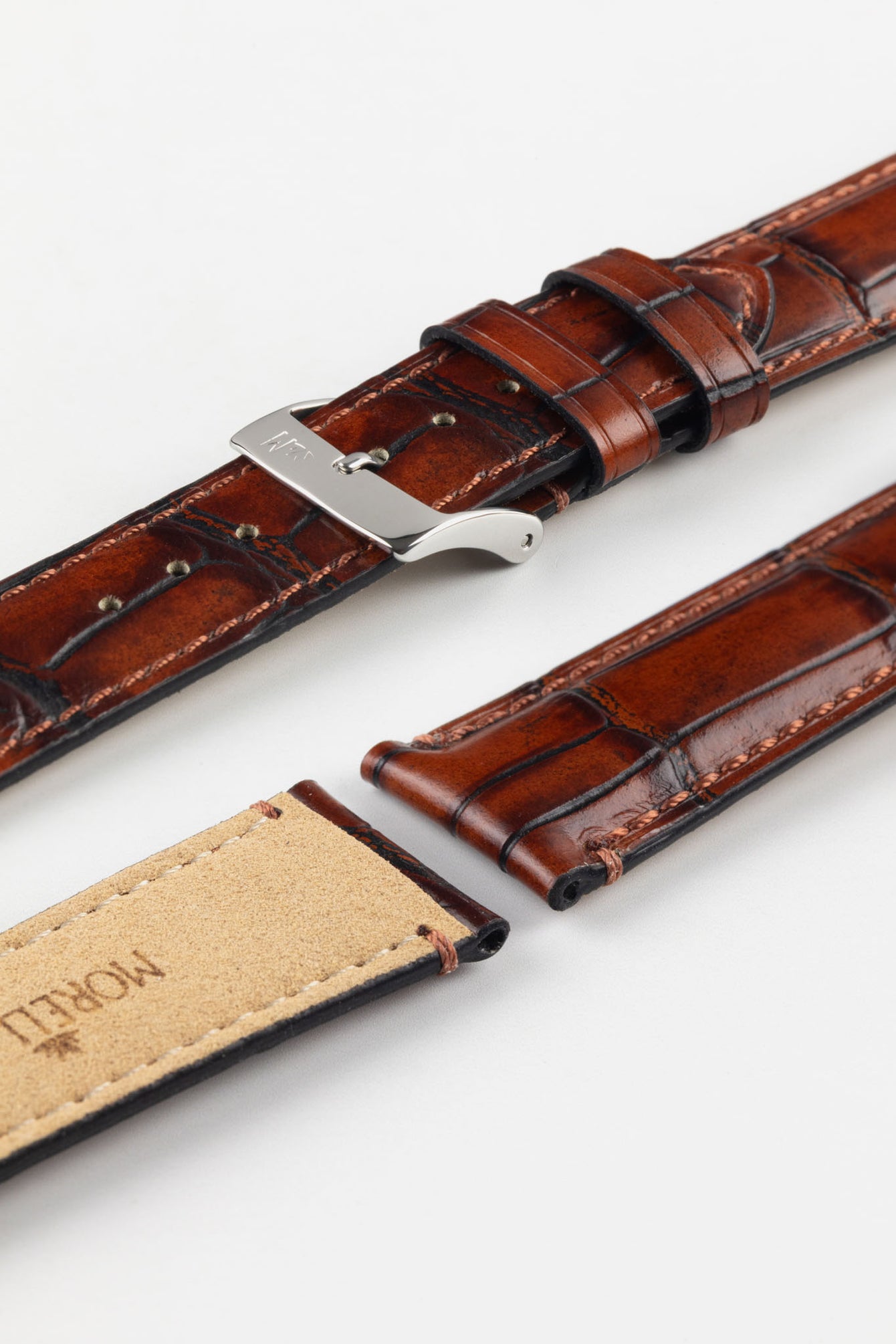 Morellato Tiepolo watch strap in light brown, showing the fine details of the crocodile grain and stitching.