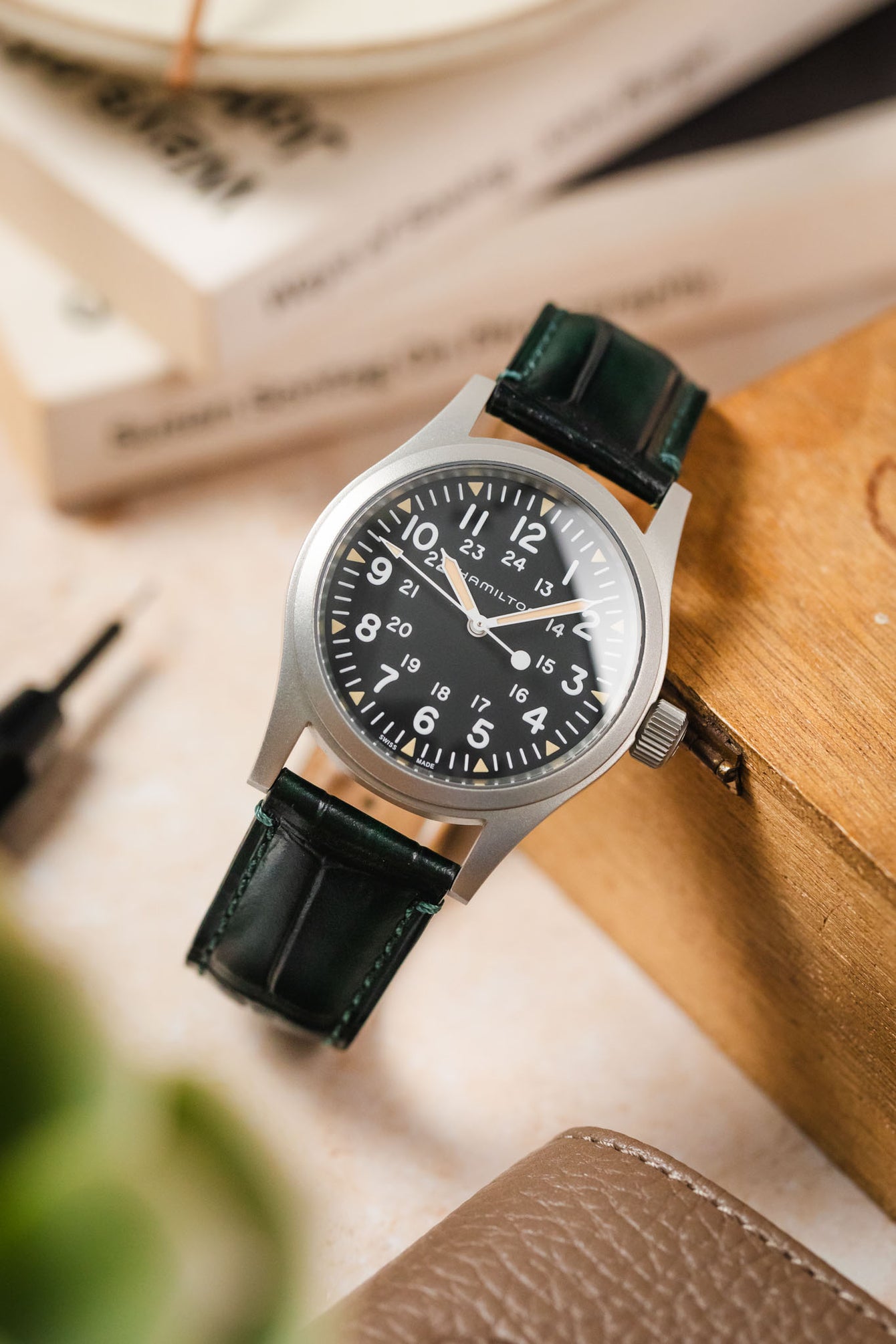 Hamilton Khaki Field watch with a green Morellato Tiepolo watch strap, an excellent choice for a rugged timepiece.