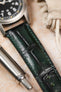 Close-up of a green Morellato Tiepolo watch strap on a Hamilton watch, highlighting the luxurious texture.