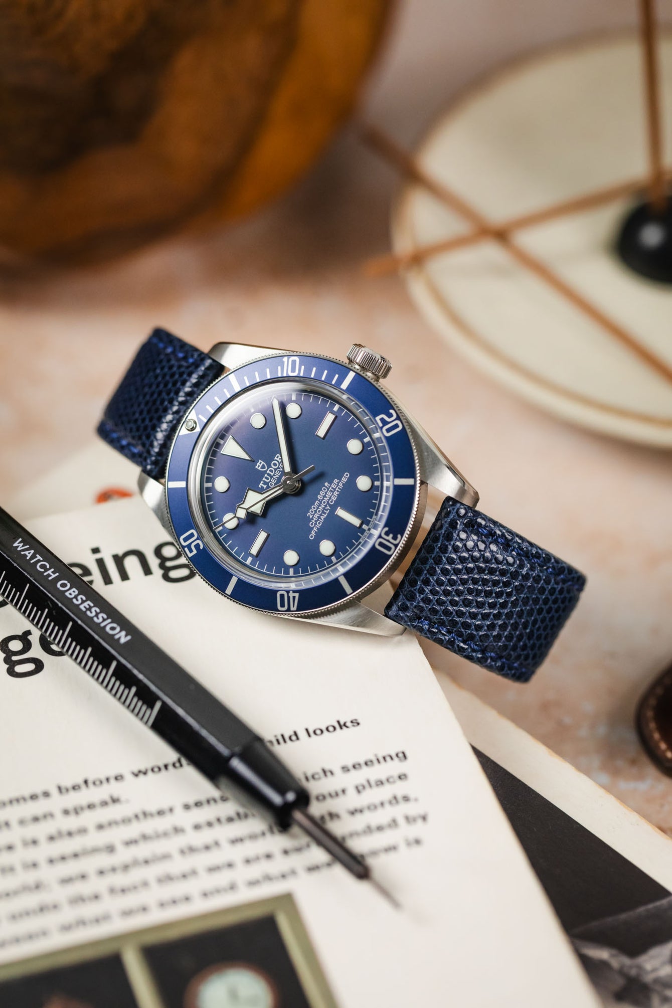 A top-down, slightly angled shot of a silver Tudor Black Bay 58 watch with a blue dial and bezel, fitted with a dark blue lizard-patterned strap. The watch is resting on an open book or magazine. A black watch tool is positioned next to it. The background is blurred with warm, neutral tones, showing a decorative plate and part of a wooden object.