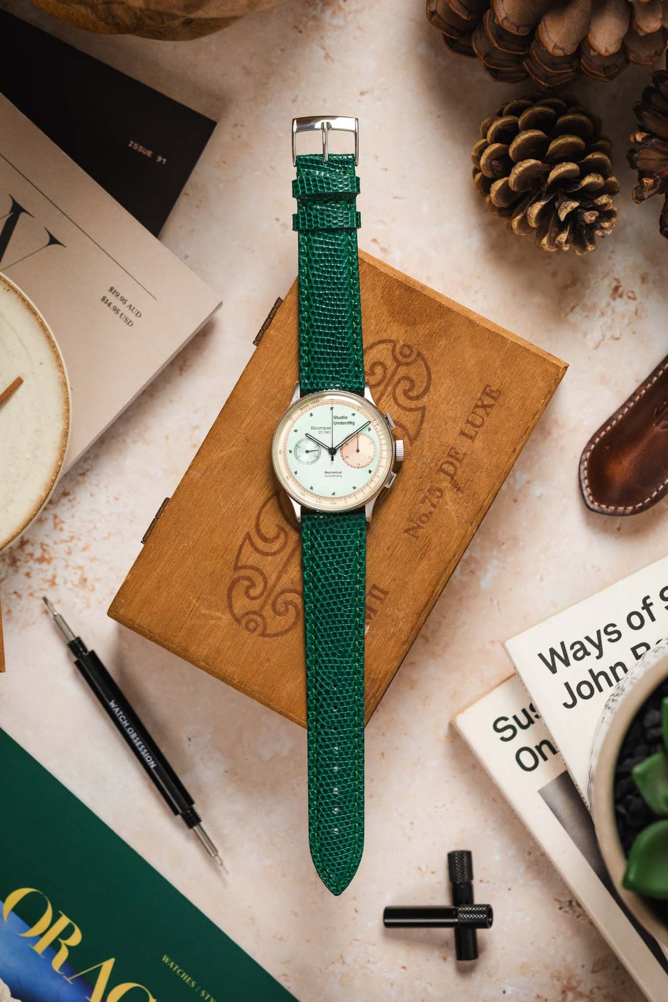 
A top-down flat lay composition showcasing a silver Studio Underd0g watch with a mint green and salmon-colored bicompax dial, fitted with a long, textured dark green watch strap with a silver buckle. The watch is centrally placed, resting on a wooden box. It is surrounded by various objects on a light, textured surface, including pinecones, a brown leather tool holder, a small potted succulent plant, a black watch tool, and parts of books or magazines.