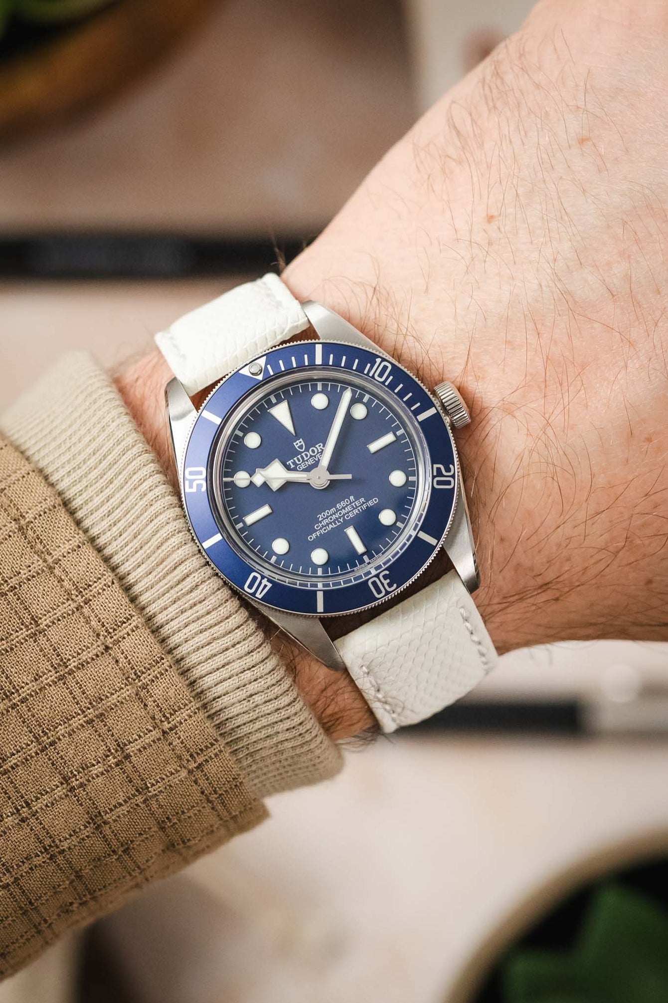 A close-up shot of a wrist wearing a silver Tudor Black Bay 58 watch with a blue dial and bezel, paired with an off-white lizard-patterned watch strap. The arm has light skin and is partially covered by a beige, checkered sleeve. The background is softly blurred with light, neutral tones.