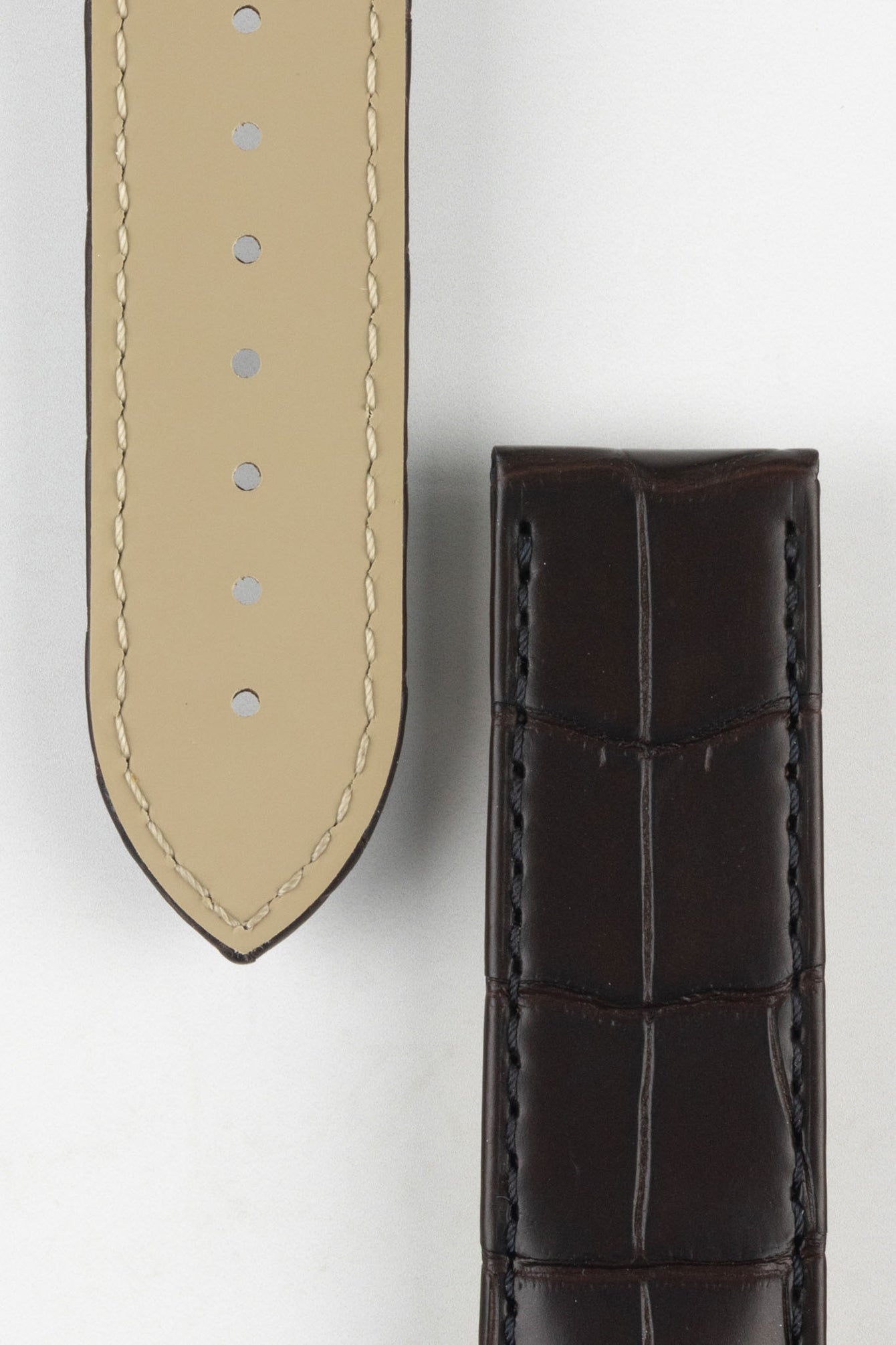 Close up of topside and lining of Omega Alligator Watch Strap, showing the soft leather lining and deployment end.