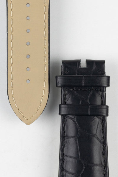 Close up of topside and lining of Omega Alligator Watch Strap, showing the soft leather lining and buckle end.