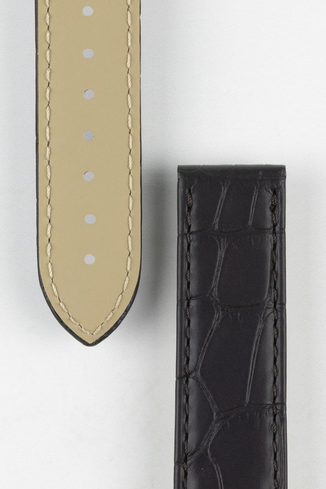 Close up of topside and lining of Omega Alligator Watch Strap, showing the soft leather lining and deployment end.