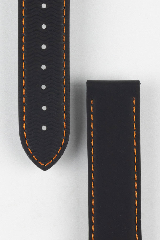Close up of topside and lining of Omega Rubber Watch Strap, showing the soft textured lining and deployment end.