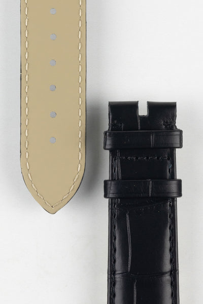 Close up of topside and lining of Omega Alligator Watch Strap, showing the soft leather lining and buckle end.