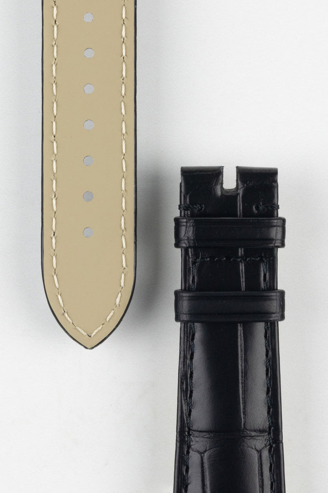 Close up of topside and lining of Omega Alligator Watch Strap, showing the soft leather lining and buckle end.