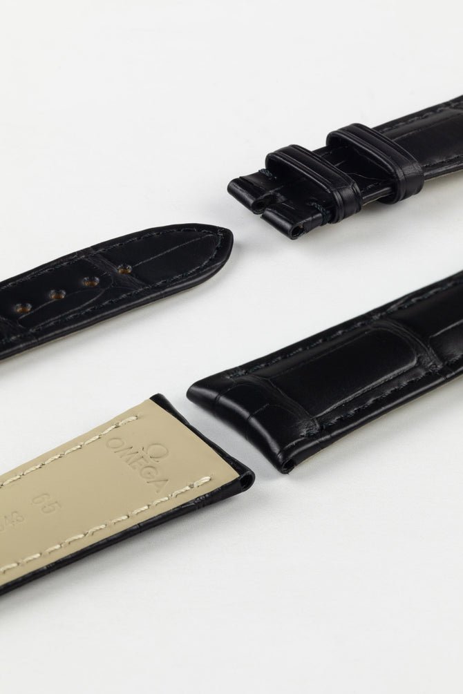 Photo Showing ends of Omega Watch Strap, image shows clasp end, two keepers and tang with the springbar holes. Product code CUZ000843