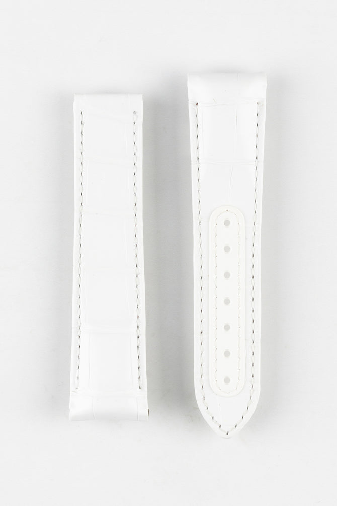 Image Showing Topside of Omega CUZ004401 Genuine Alligator Skin Delployment Watch Strap in White, the strap has a 21mm lug width to fit the White Side of the Moon Watch. The Strap has a patch on the tang holes for durability and strength.