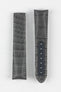 Image Showing Topside of Omega CUZ004450 Genuine Alligator Skin Delployment Watch Strap in Grey, the strap is designed to fit the Grey Side of the Moon Watch. The Strap has a patch on the tang holes for durability and strength.
