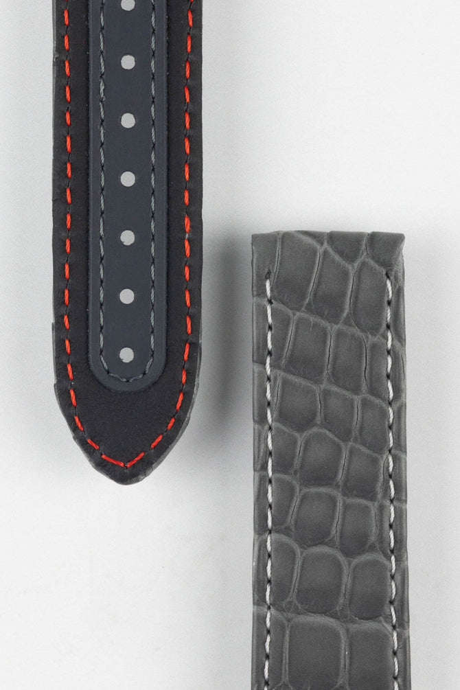 Close up of topside and lining of Omega Alligator Watch Strap, showing the tang hole patch, soft lining and deployment end.