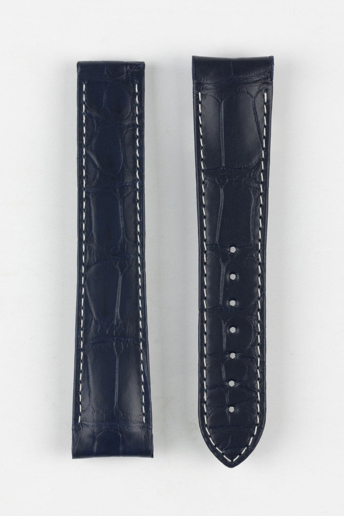 Image Showing Topside of Omega Genuine Alligator Skin Watch Strap in Blue, the strap has a 21mm lug width. The Product Code is CUZ005171.