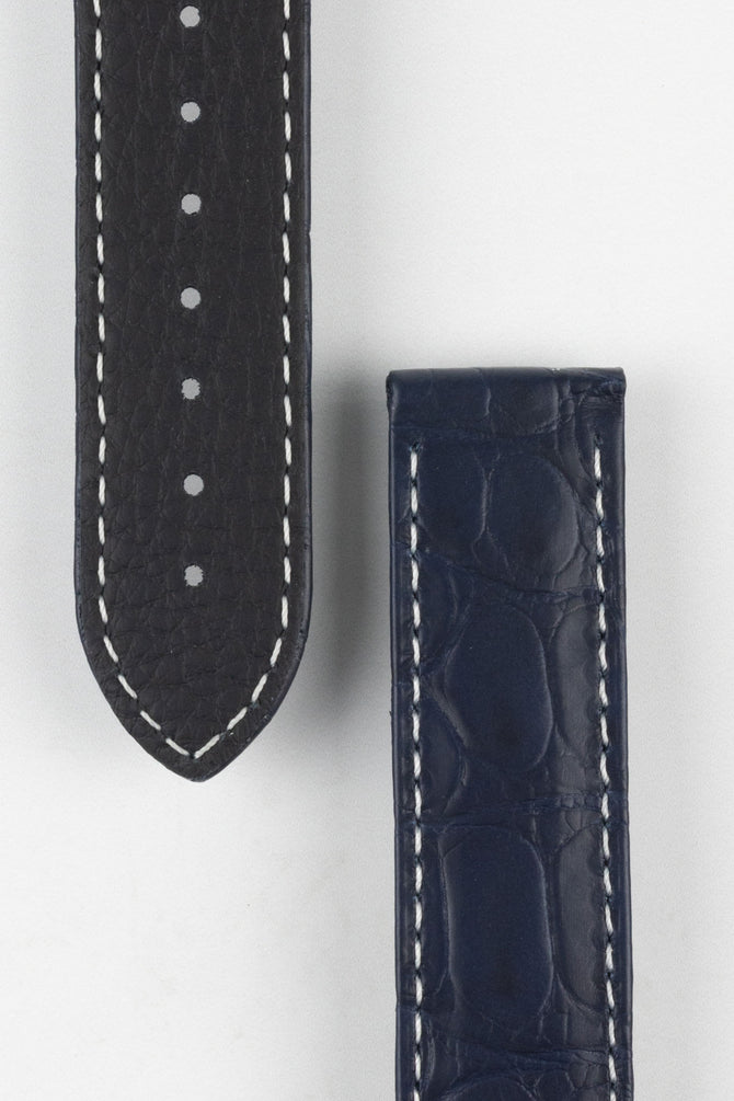 Close up of topside and lining of Omega Alligator Watch Strap, showing the soft leather lining and deployment end.