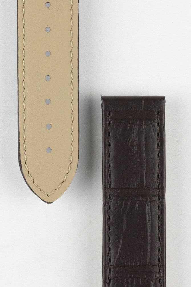 Close up of topside and lining of Omega Alligator Watch Strap, showing the soft leather lining and deployment end.