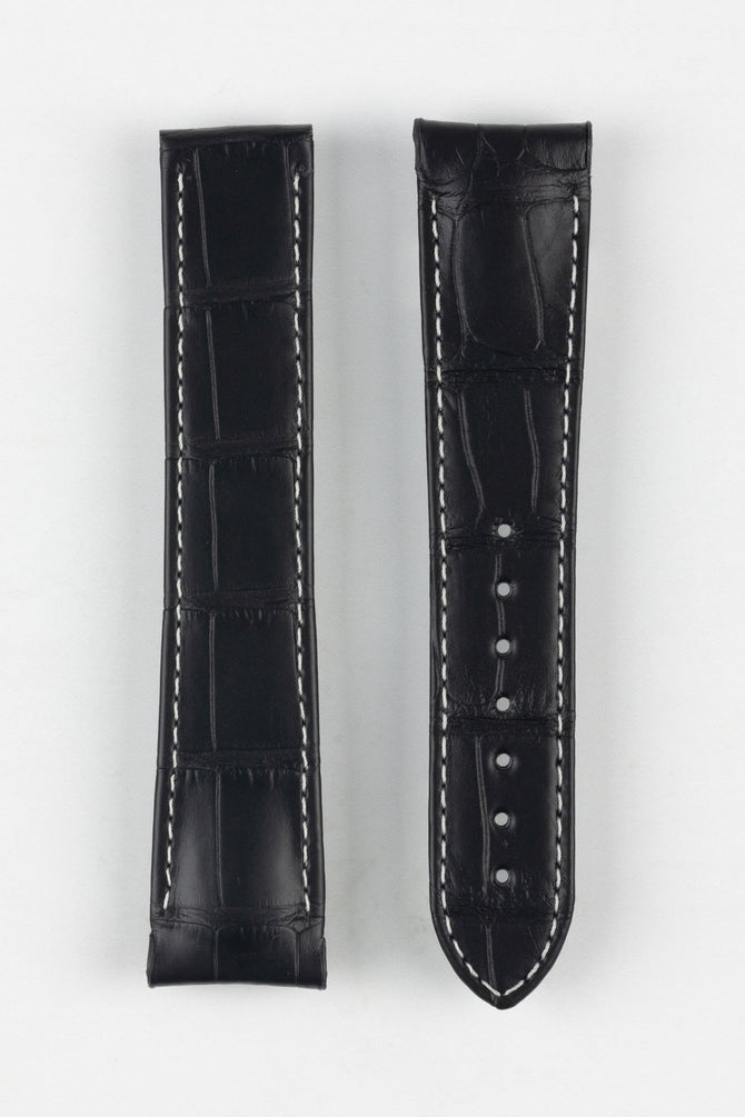 Image Showing Topside of Omega Genuine Alligator Skin Watch Strap in Black, the strap has a 21mm lug width and white stitching. The Product Code is CUZ005770.