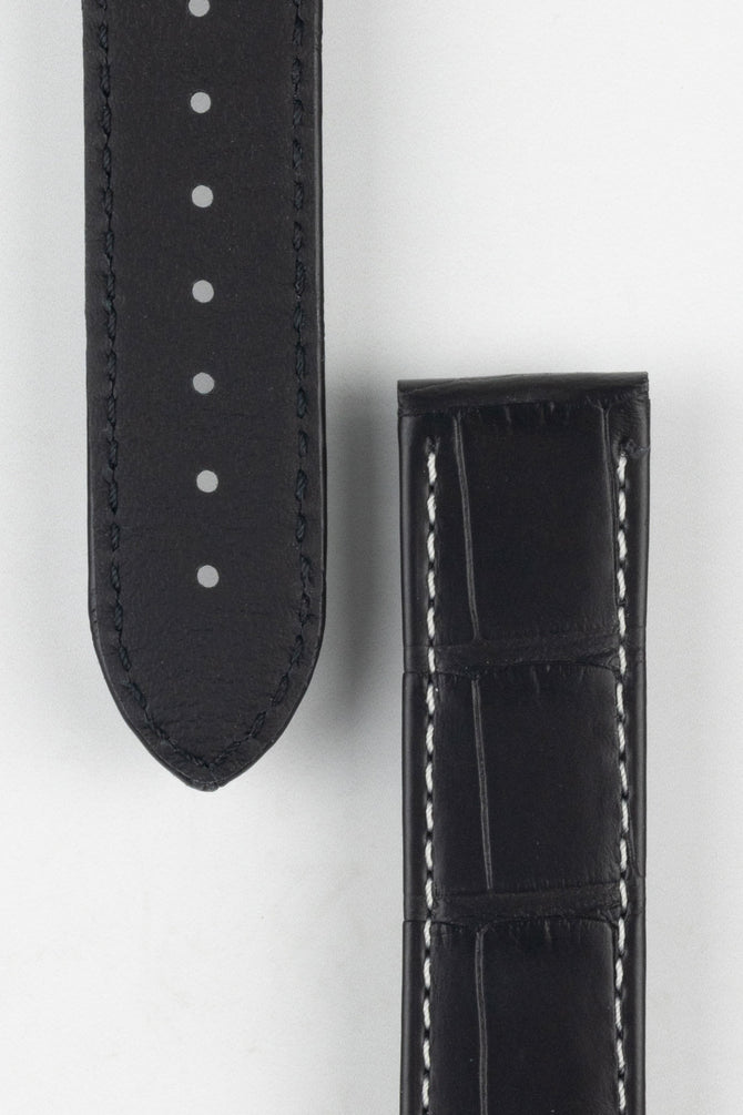Close up of topside and lining of Omega Alligator Watch Strap, showing the soft leather lining and deployment end.