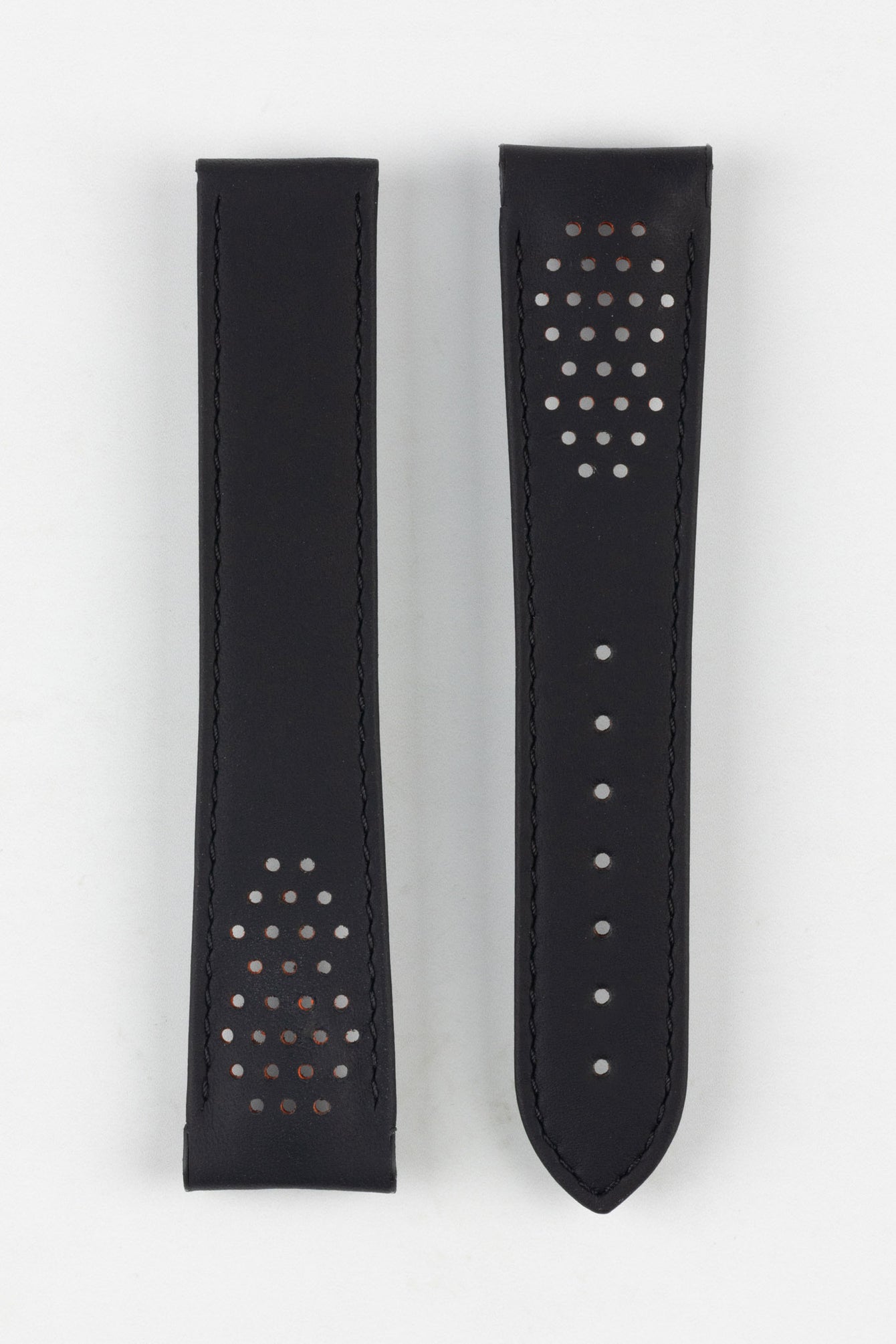 Image Showing Topside of Omega Leather Watch Strap in Black, the strap is perforated for breathability and comfort, inside the perforation is red in colour. The Product Code is CUZ007470.