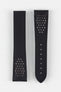 Image Showing Topside of Omega Leather Watch Strap in Black, the strap is perforated for breathability and comfort, inside the perforation is red in colour. The Product Code is CUZ007470.