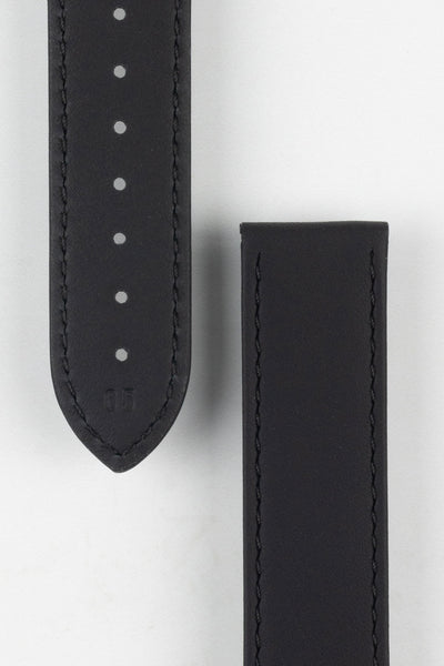 Close up of topside and lining of Omega Leather Watch Strap, showing the soft leather lining and deployment end.