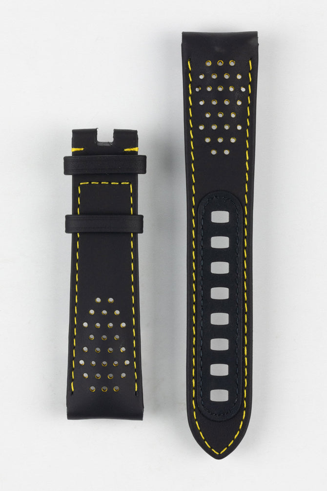 Image Showing Topside of Omega Leather Watch Strap in Black, the strap is perforated for breathability and comfort, inside the perforation and the stitching is Yellow. The Product Code is CUZ010862.