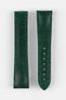 Image Showing Topside of Omega Genuine Alligator Skin Watch Strap in Green, the strap has a 21mm lug width and has matching green stitching. The Product Code is CUZ013097.