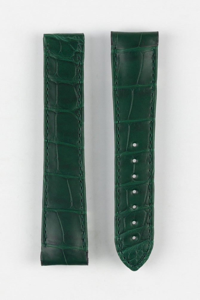 Image Showing Topside of Omega Genuine Alligator Skin Watch Strap in Green, the strap has a 21mm lug width and has matching green stitching. The Product Code is CUZ013097.