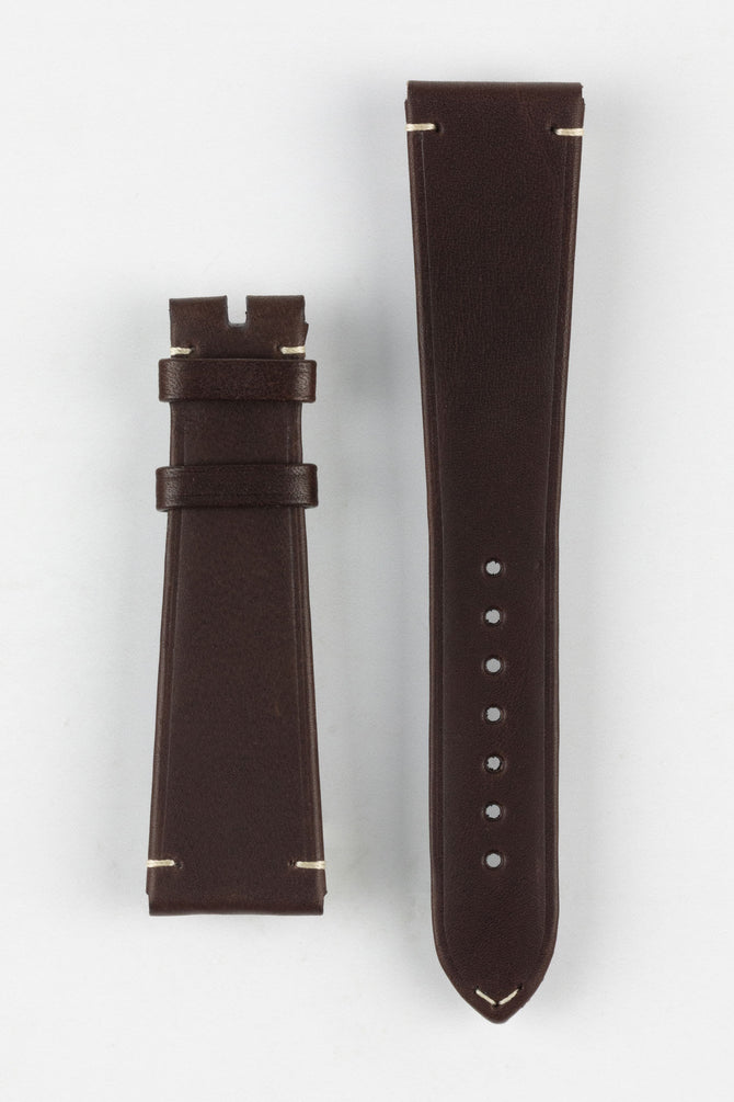 Image Showing Topside of Omega Genuine Leather Watch Strap in Dark Brown, the strap has a 21mm lug width and has vintage style lug stitching with a chevron stitch at the end. The Product Code is CUZ014660.
