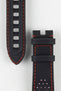 Close up of topside and lining of Omega leather Watch Strap, showing the rubber strengthening tang hole patch, perforation holes soft lining and buckle end.