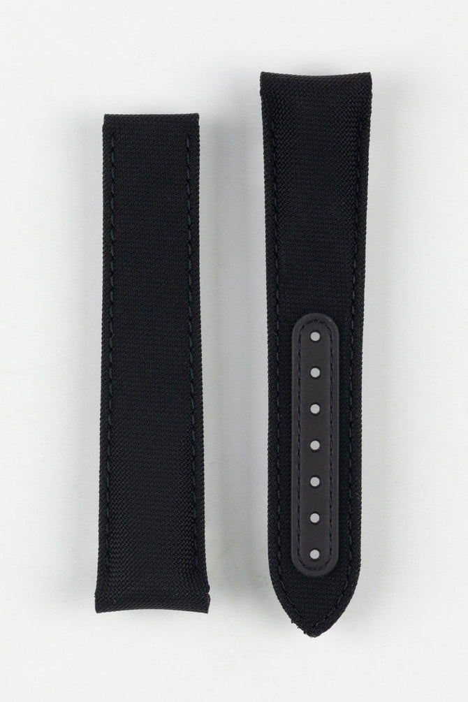 Image Showing Topside of Omega Nylon Fabric Watch Strap in Black, the strap has a patch over the tang holes for strength and durability. The Product Code is CWZ003216.