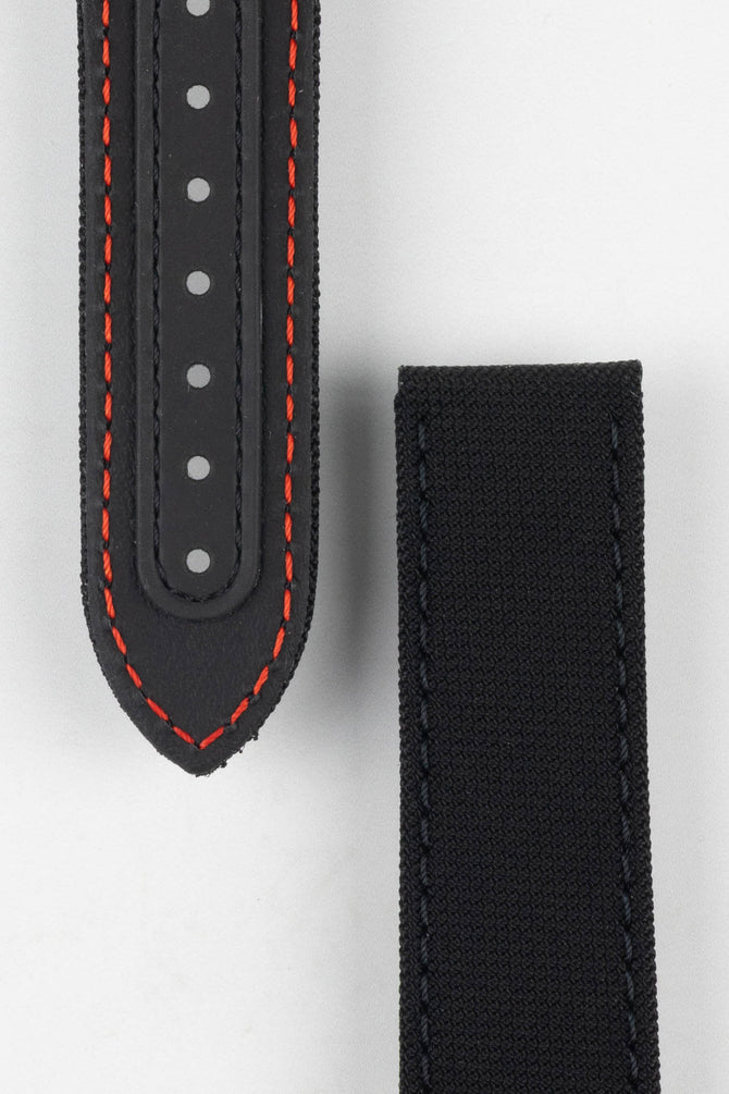 Close up of topside and lining of Omega Nylon Watch Strap, showing the soft leather lining, the tang hole patch and deployment end.