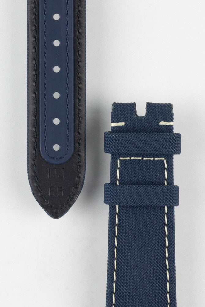 Close up of topside and lining of Omega Nylon Watch Strap, showing the soft leather lining, the tang hole patch and buckle end.