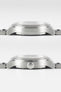 Two side-profile views of the watch case. The top view shows the smooth side, while the bottom view shows the screw-down crown embossed with the Omega logo.