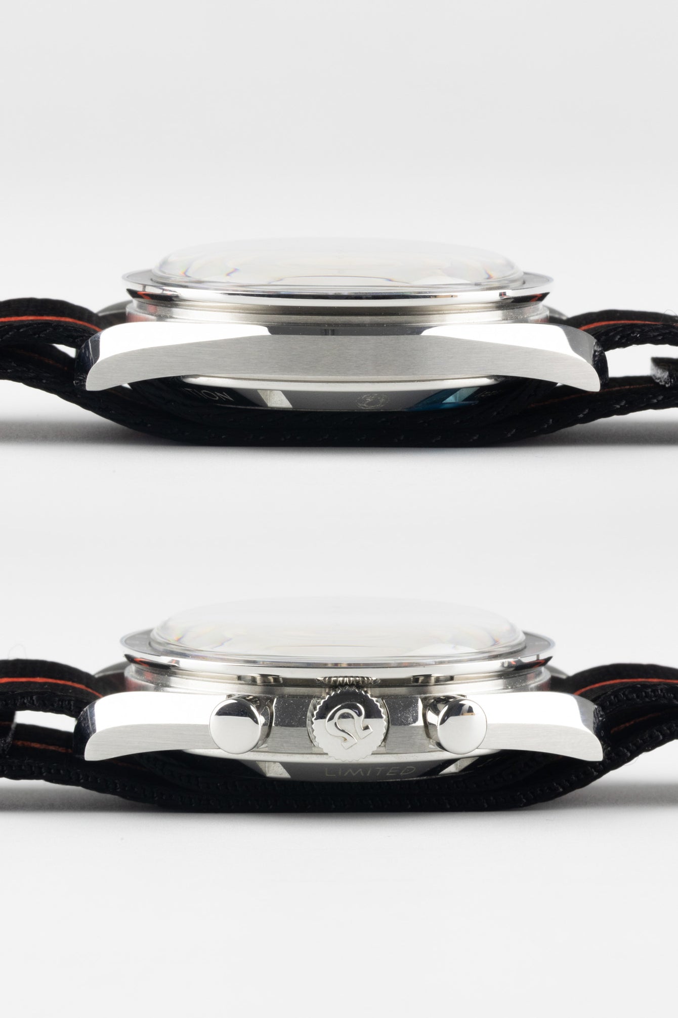 Stacked side on images of an Omega Speedmaster Ultraman 311.12.42.30.01.001 showing the pas through nylon strap looping, vintage Omega logo on the dial and crystal shape.