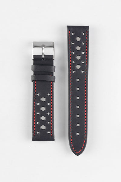 Pebro RACING Perforated Leather Watch Strap in BLACK with RED Stitch
