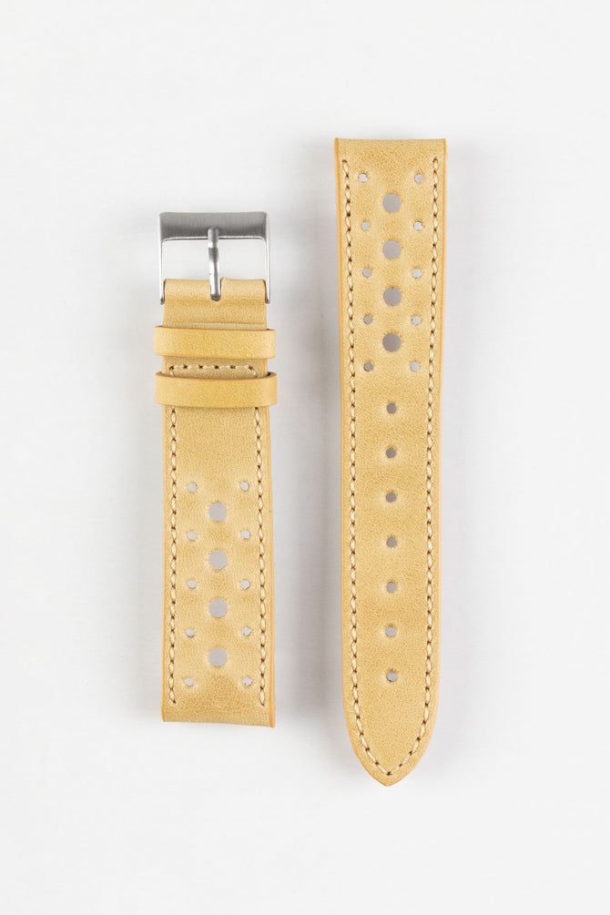 Pebro RACING Perforated Leather Watch Strap in MUSTARD