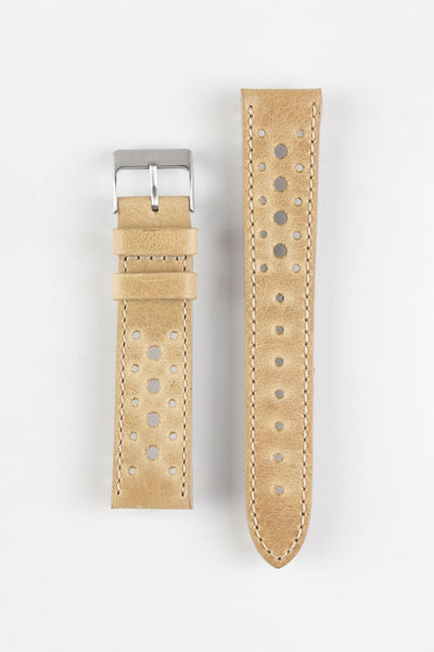 Pebro RACING Perforated Leather Watch Strap in LIGHT SAND