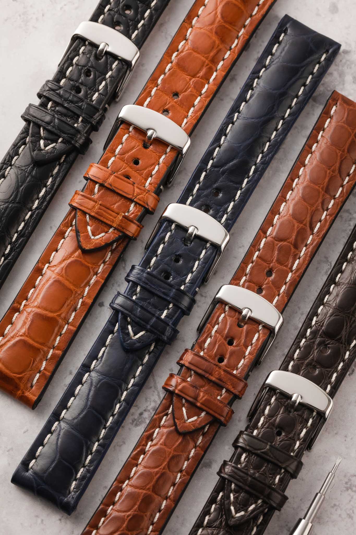 Alexander21 (リムW.chr.shcmid) RIOS1931 AMBASSADOR Genuine Alligator Flank Watch Strap in BLACK