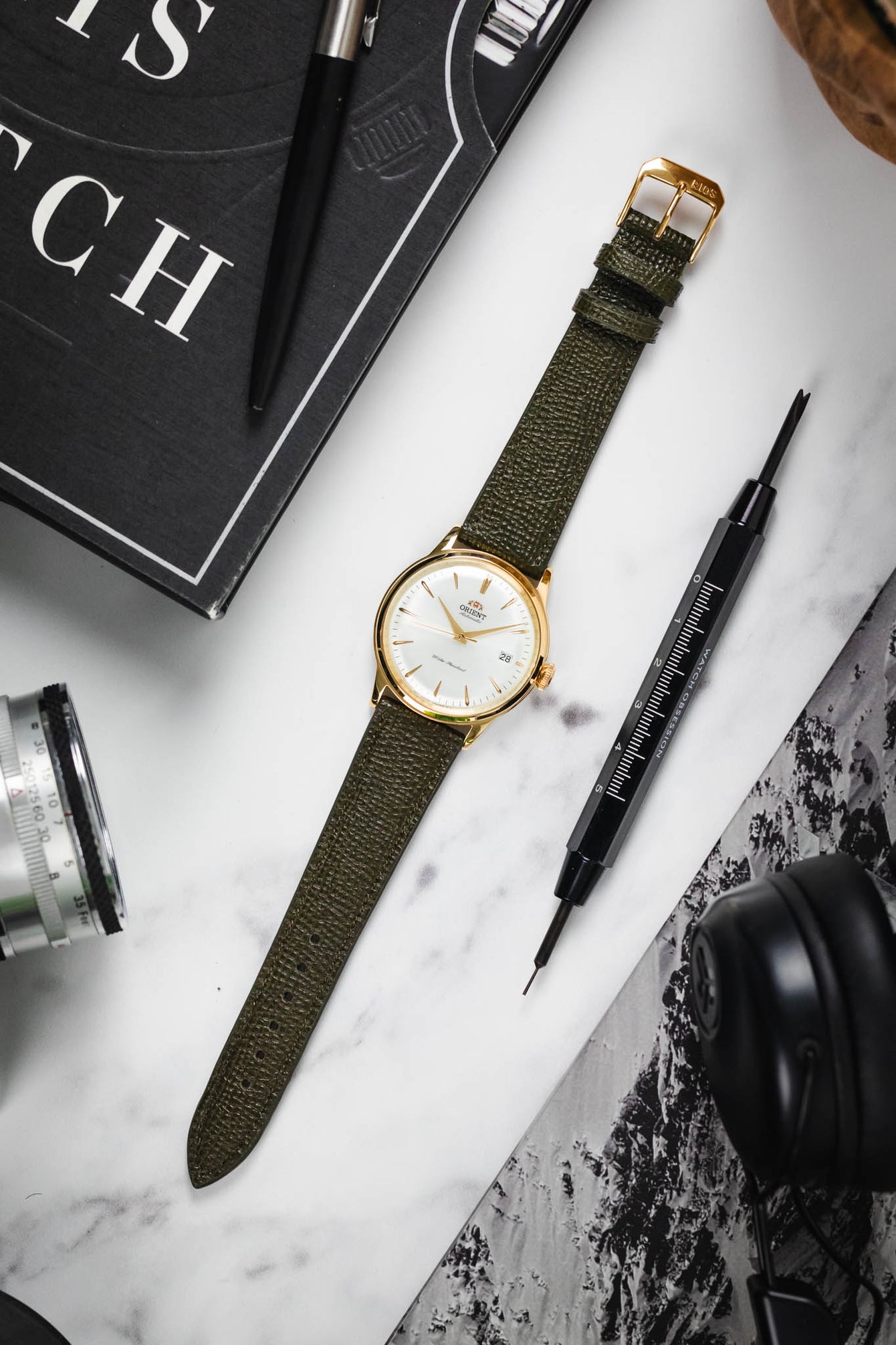 RIOS1931 FRENCH Leather Watch Strap in OLIVE DRAB