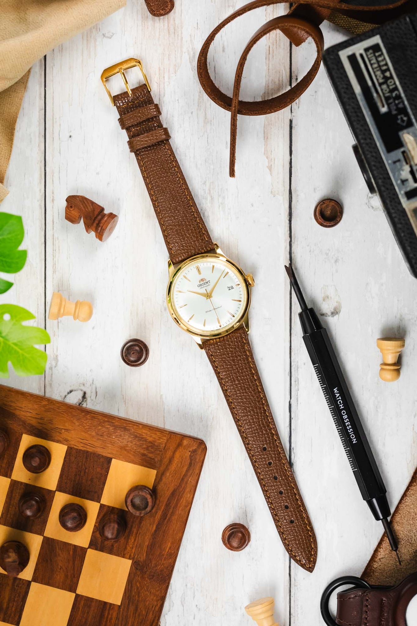 RIOS1931 FRENCH Leather Watch Strap in TOBACCO