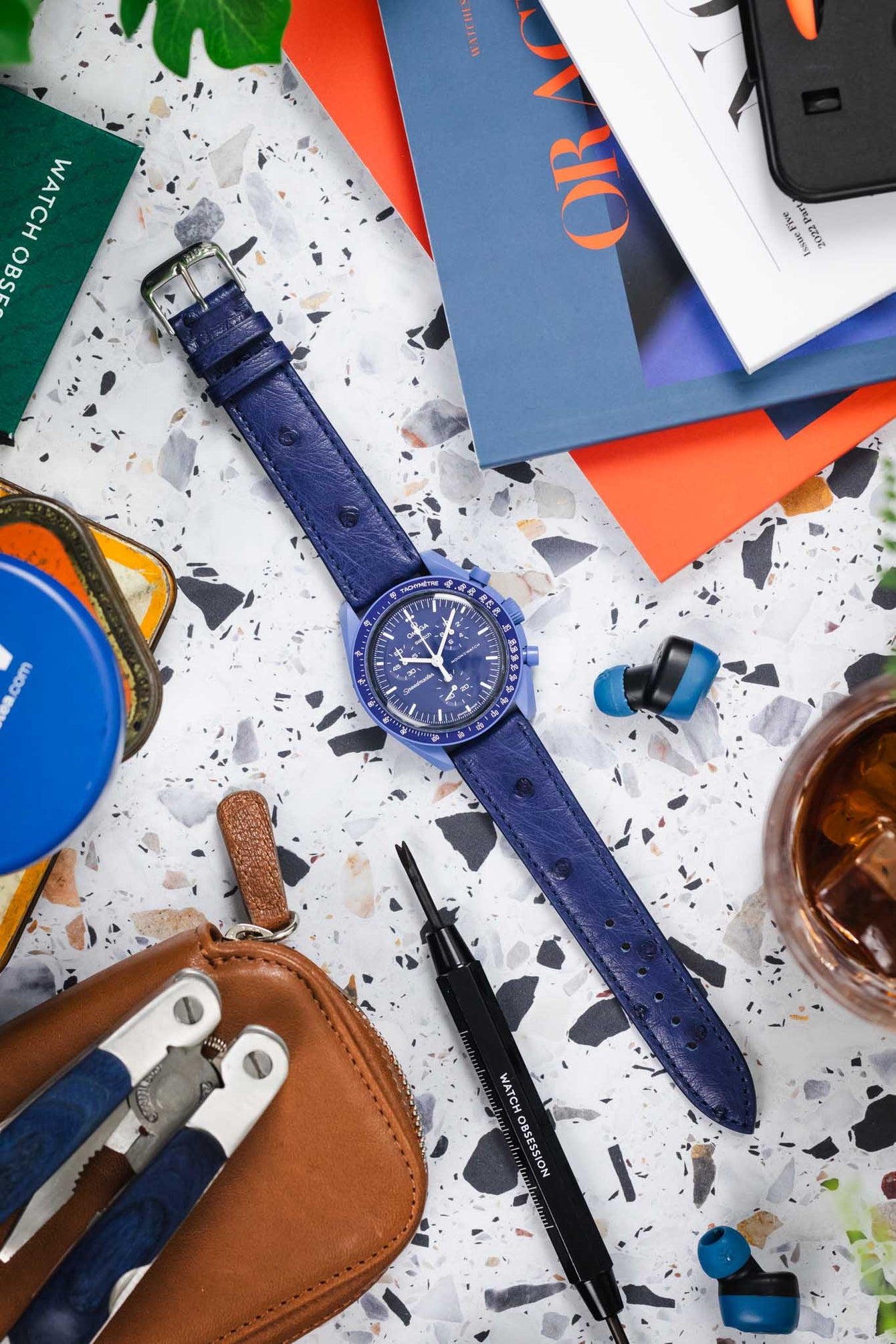 RIOS1931 MAISON Genuine Ostrich Leather Watch Strap in NAVY BLUE